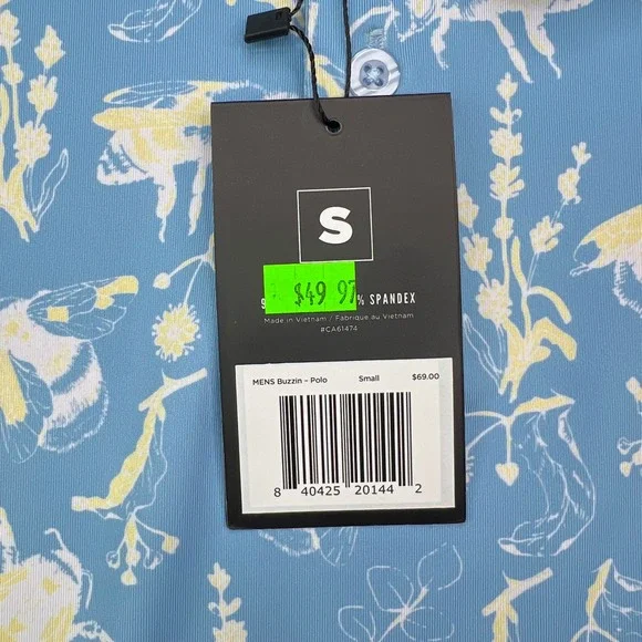 Waggle Buzzin Polo Shirt Mens Small Blue Yellow Bee Floral Performance Stretch - Picture 8 of 11